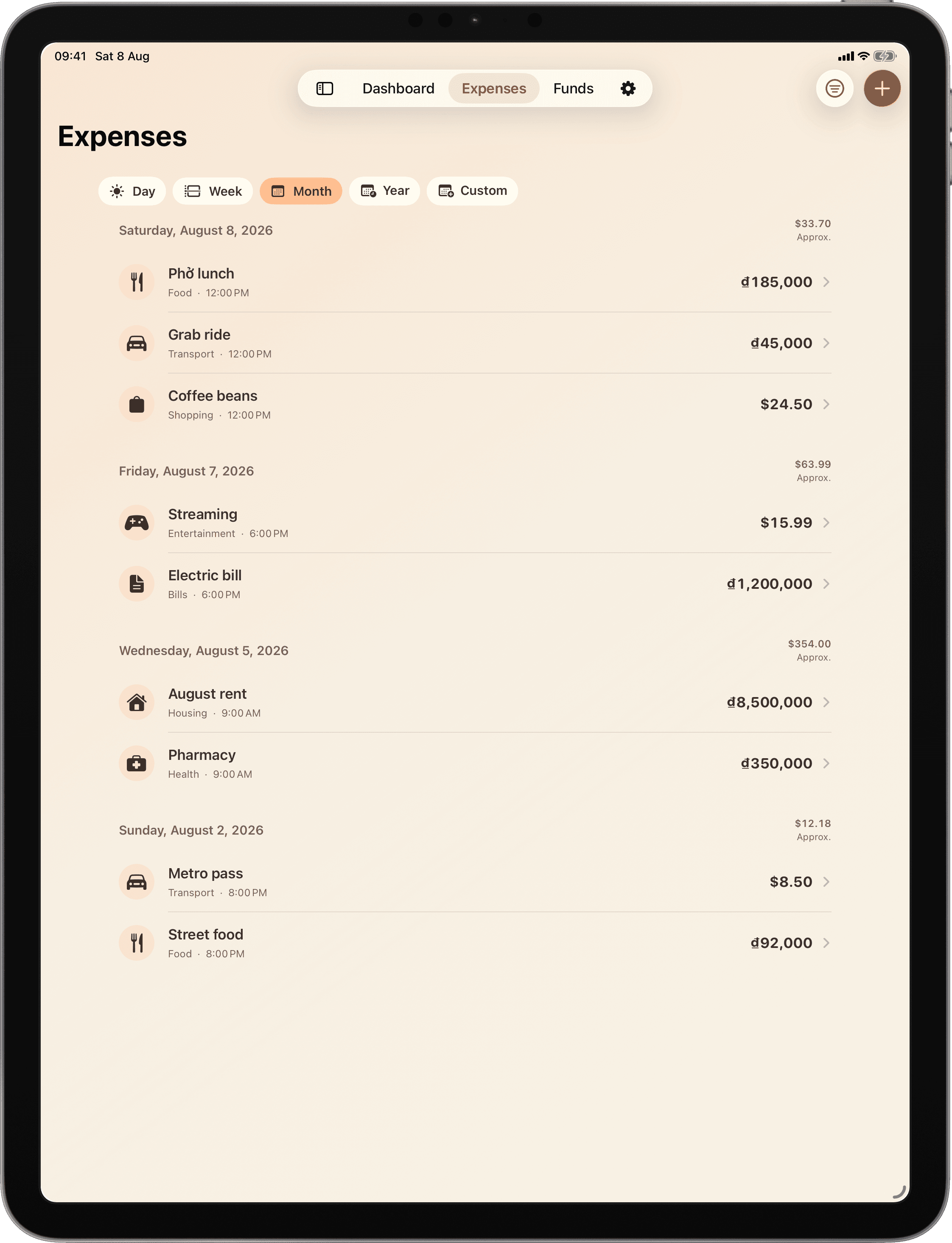 Cofra Expenses list on iPad showing day-grouped transactions with category icons and amounts.