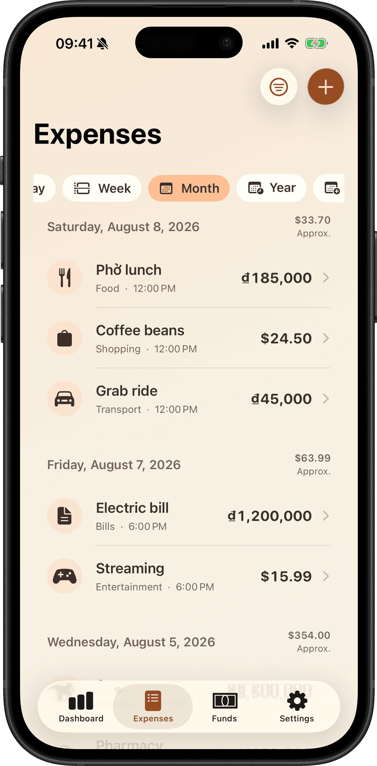 Cofra Expenses list on iPhone with mixed VND and USD entries grouped by day.