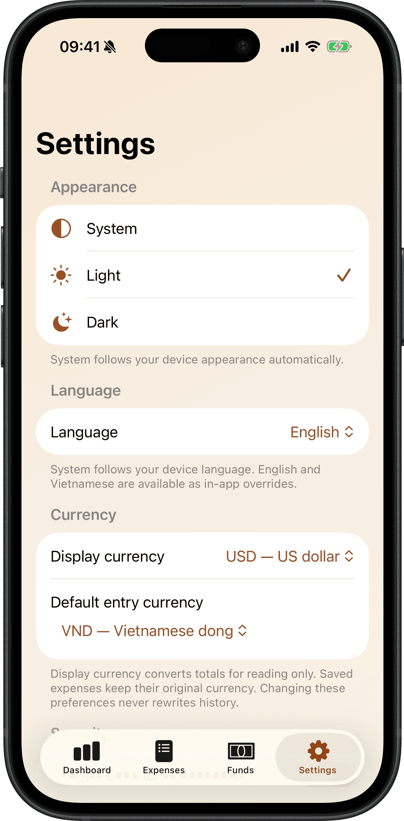 Cofra Settings on iPhone showing language, appearance, currency, and privacy-related options.
