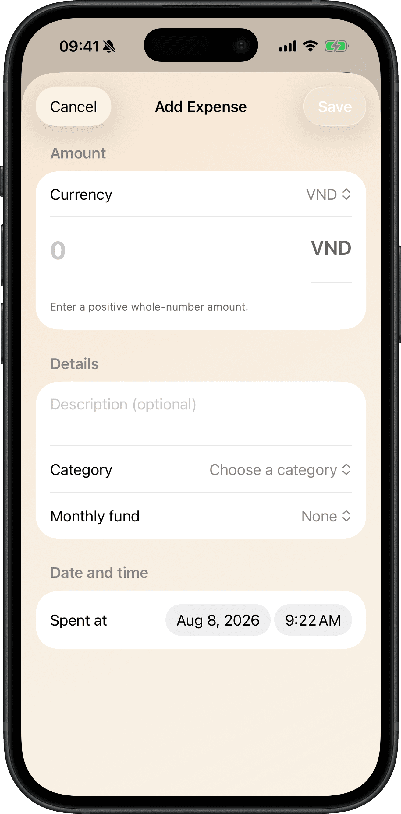 Cofra Add Expense editor on iPhone with currency, amount, category, fund, and date fields.