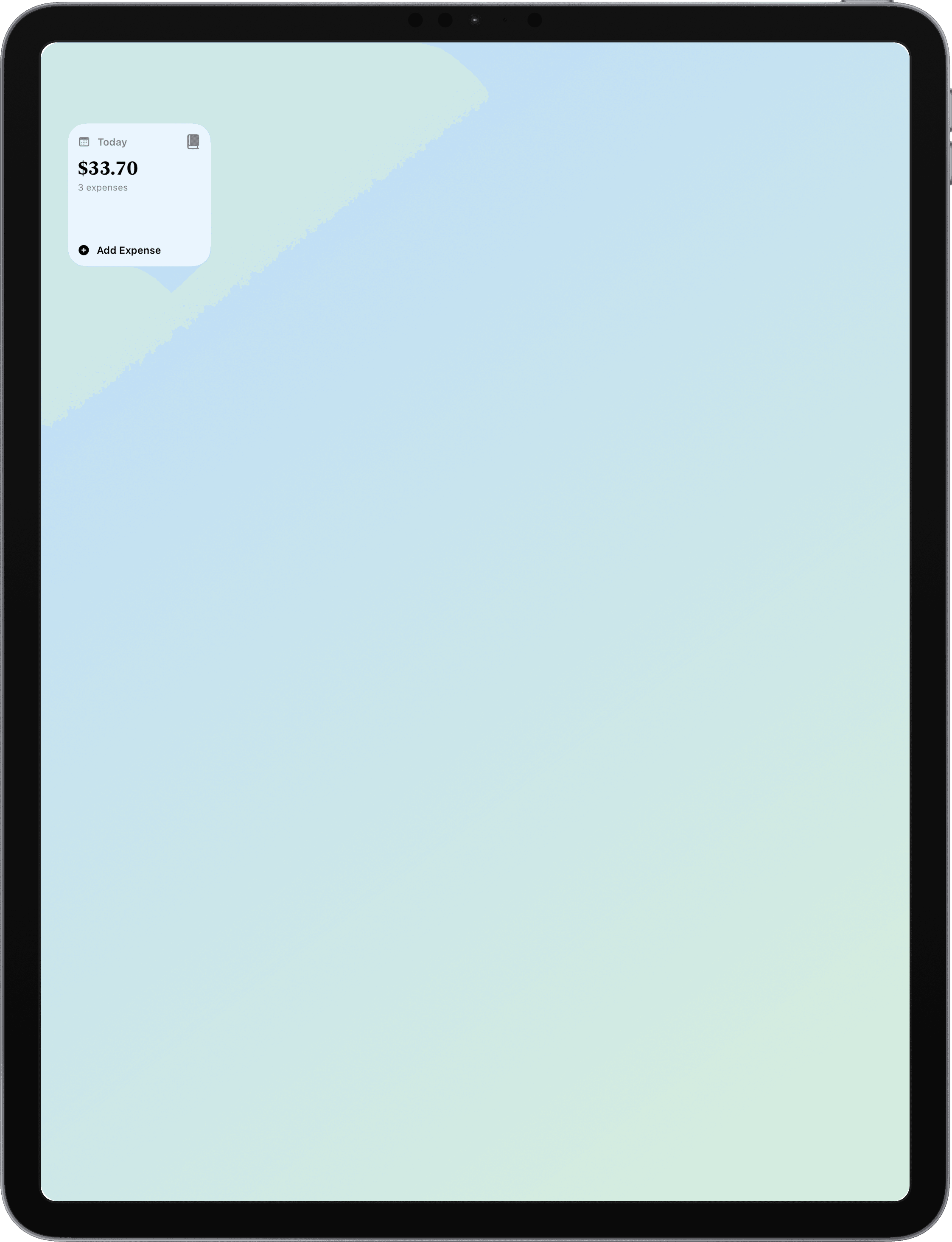 Cofra small Home Screen widget on iPad showing today's spending total, expense count, and an Add Expense button.