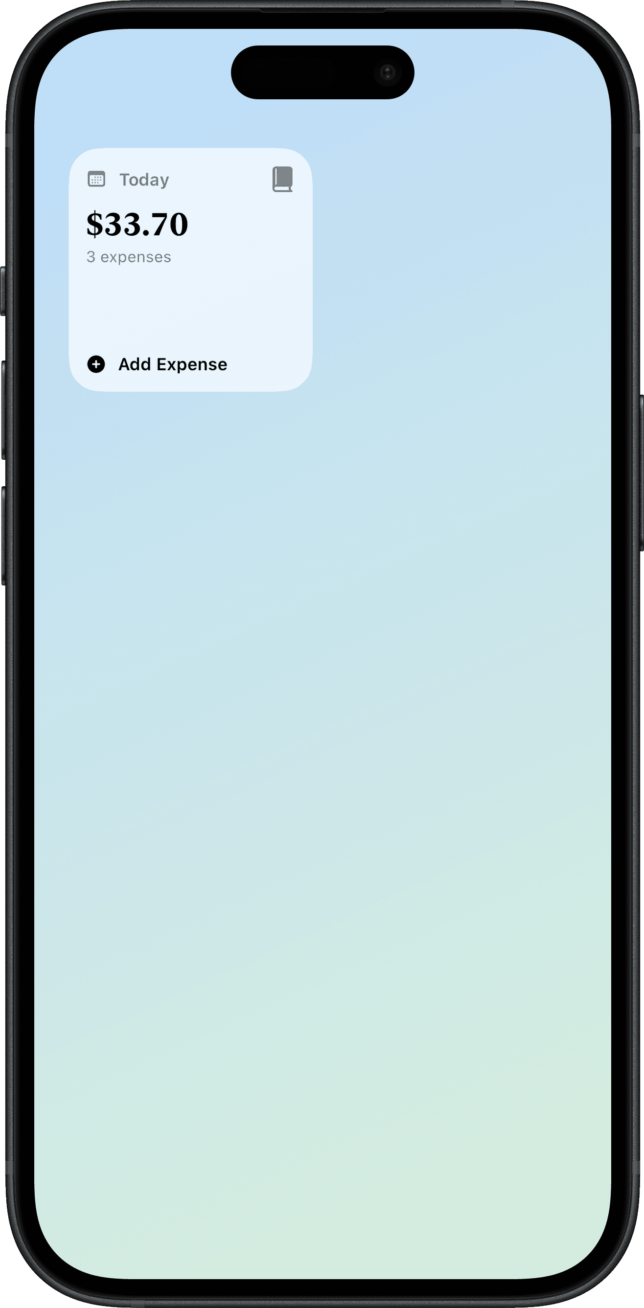 Cofra small Home Screen widget on iPhone showing today's spending total, expense count, and an Add Expense button.
