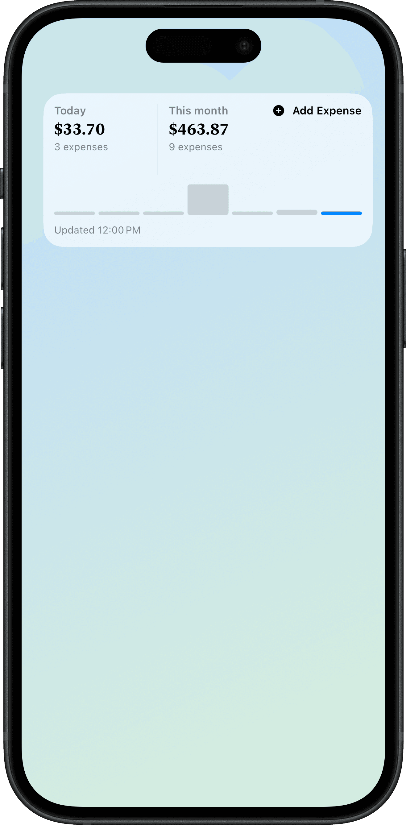 Cofra medium Home Screen widget on iPhone showing today and this-month totals, a spending chart, and an Add Expense button.